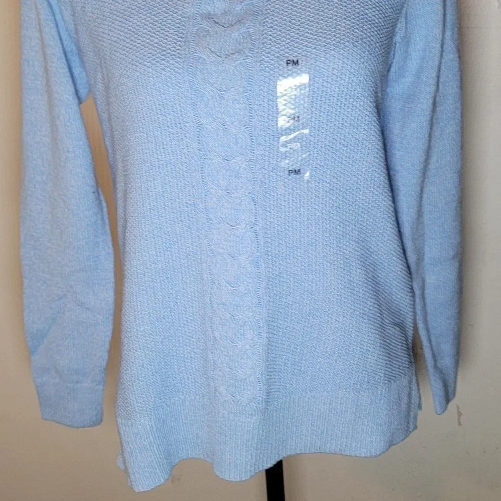 Karen Scott Womens Blue Cable Knit Long Sleeve Round Neck Pullover Sweater Sz PM